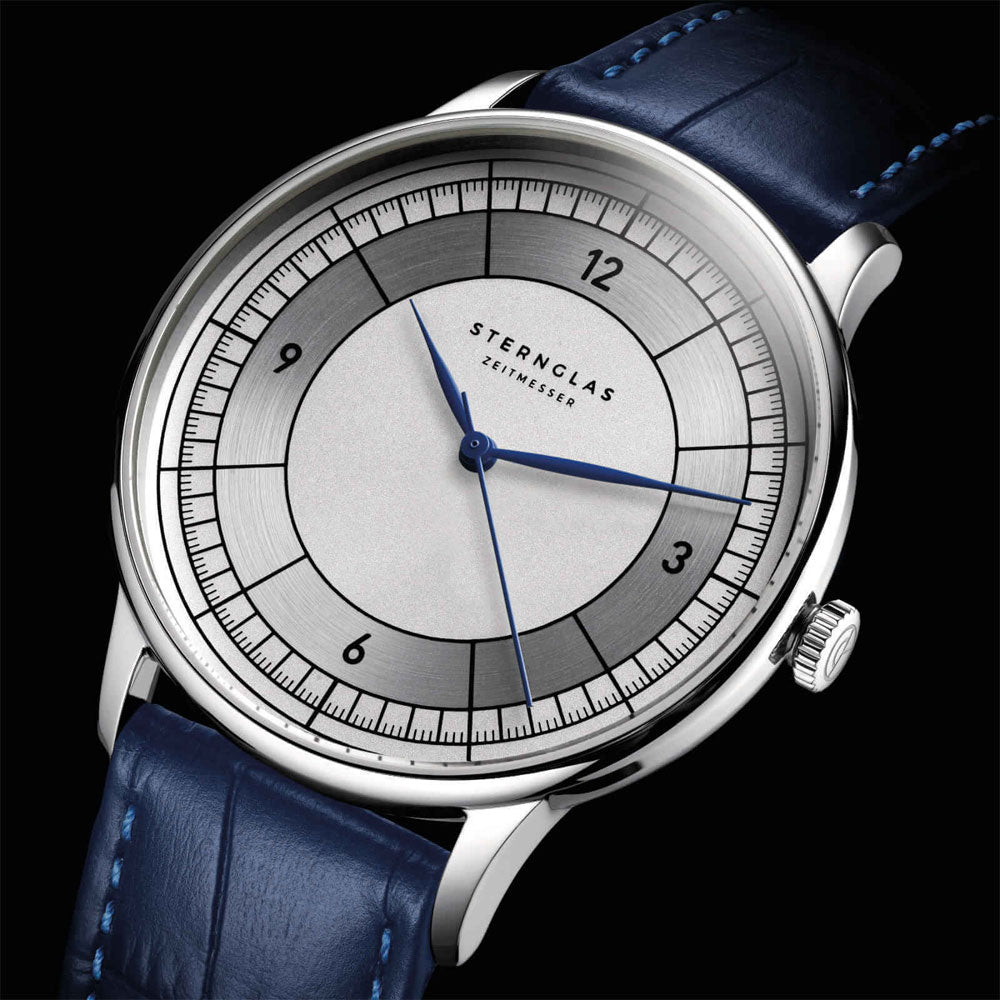 Sternglas SEDIUS 40mm Quartz Watch S01-SD01-HE02, White-Silver Dial, Sapphire Crystal, Heritage Dark Blue Leather Strap, 5 ATM Water Resistant