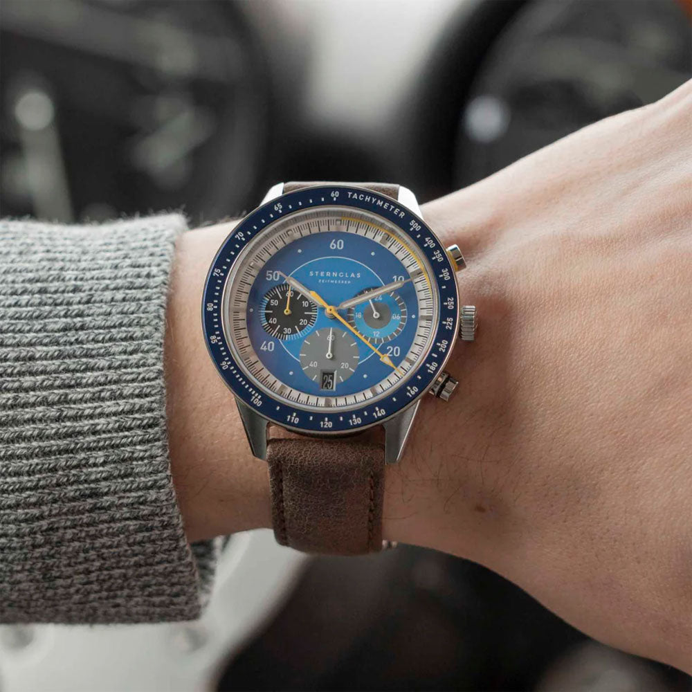 Sternglas Tachymeter 2.0 – Dark Blue / Brown Leather – S01-TM06-MO23
