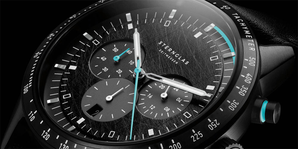Sternglas TACHYMETER Edition Meteor 42mm Quartz Watch S01-TYM05-MO08, Black Dial, Sapphire Crystal, Modena Black Leather Strap, 5 ATM Water Resistant
