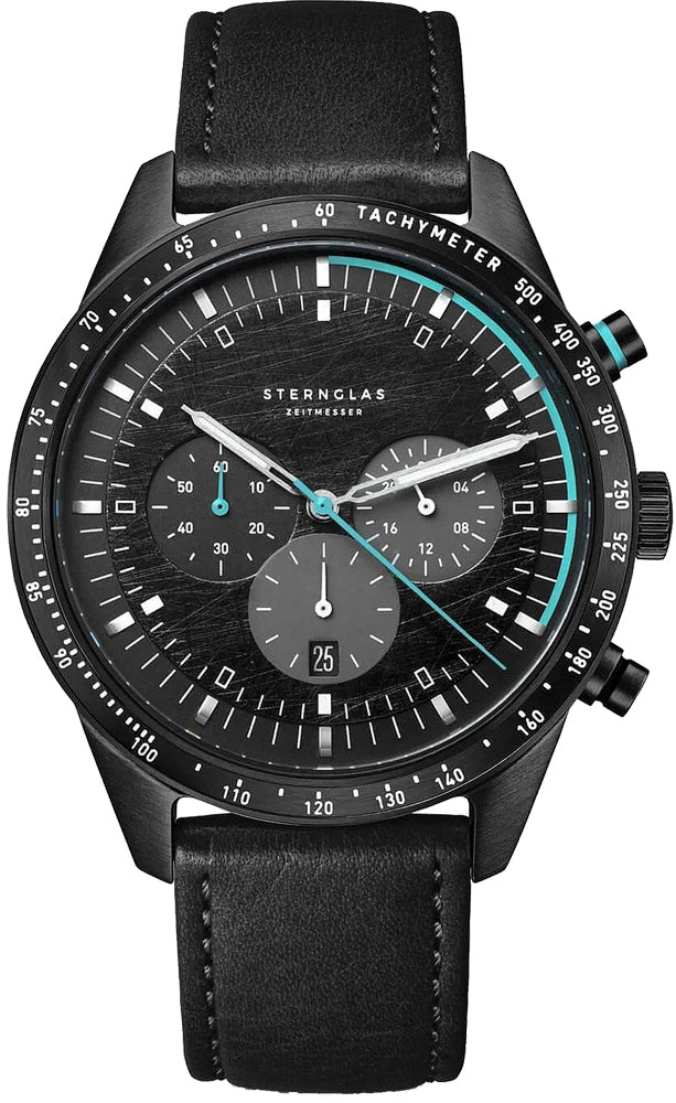 Sternglas TACHYMETER Edition Meteor 42mm Quartz Watch S01-TYM05-MO08, Black Dial, Sapphire Crystal, Modena Black Leather Strap, 5 ATM Water Resistant