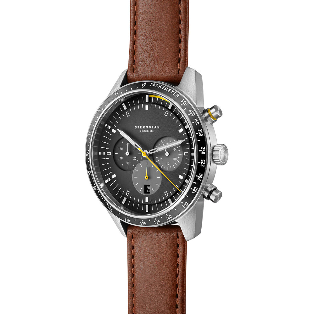 Sternglas Tachymeter 42mm Watch S01-TY03-MO11, Black Dial, Sapphire Crystal, Modena 20 Brown Leather Strap, 5 ATM Water Resistant