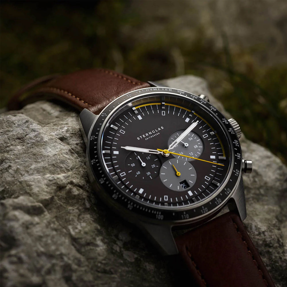 Sternglas Tachymeter 42mm Watch S01-TY03-MO11, Black Dial, Sapphire Crystal, Modena 20 Brown Leather Strap, 5 ATM Water Resistant