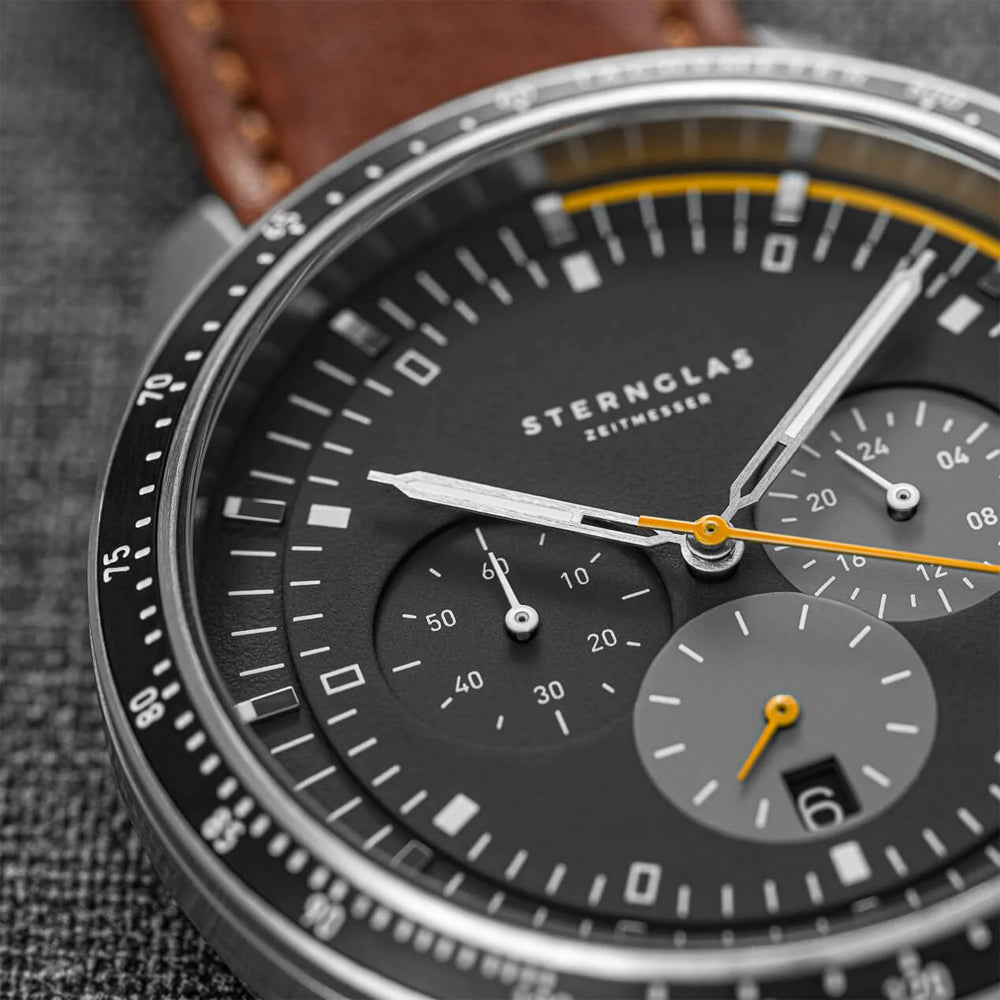 Sternglas Tachymeter 42mm Watch S01-TY03-MO11, Black Dial, Sapphire Crystal, Modena 20 Brown Leather Strap, 5 ATM Water Resistant