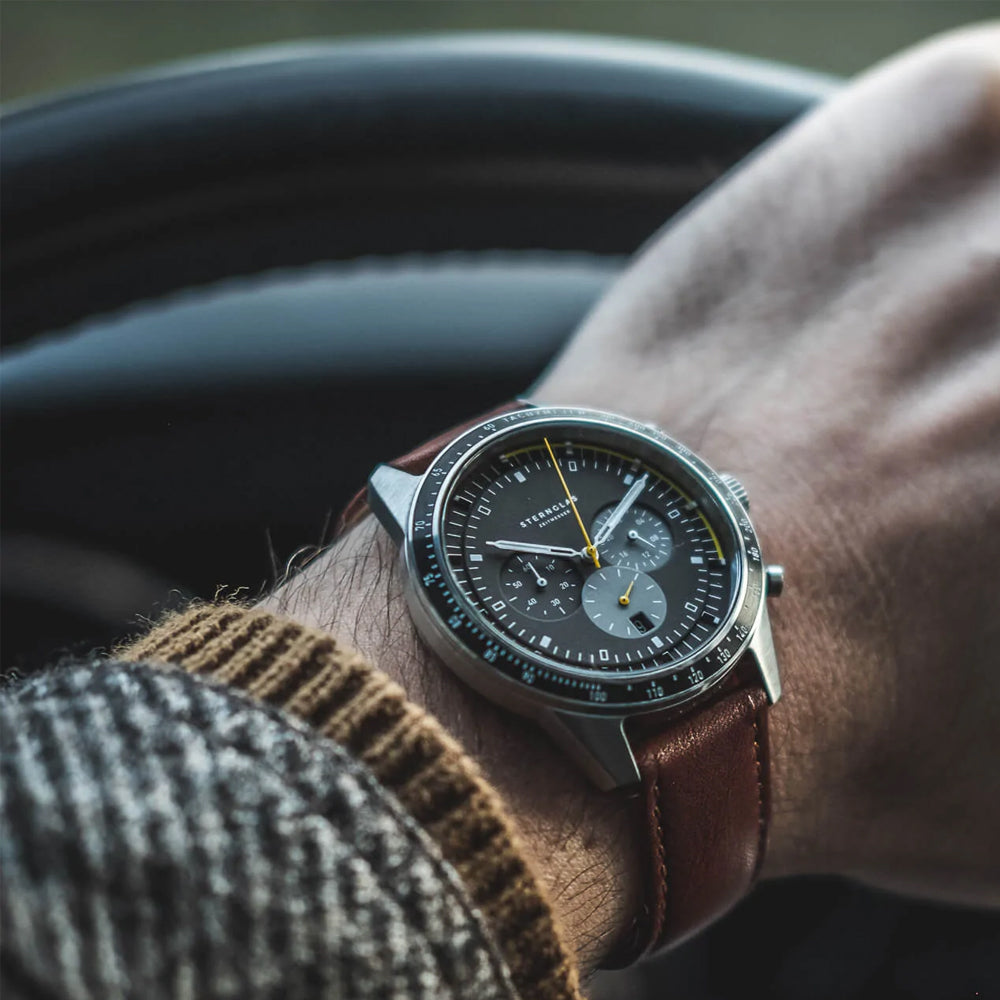 Sternglas Tachymeter 42mm Watch S01-TY03-MO11, Black Dial, Sapphire Crystal, Modena 20 Brown Leather Strap, 5 ATM Water Resistant