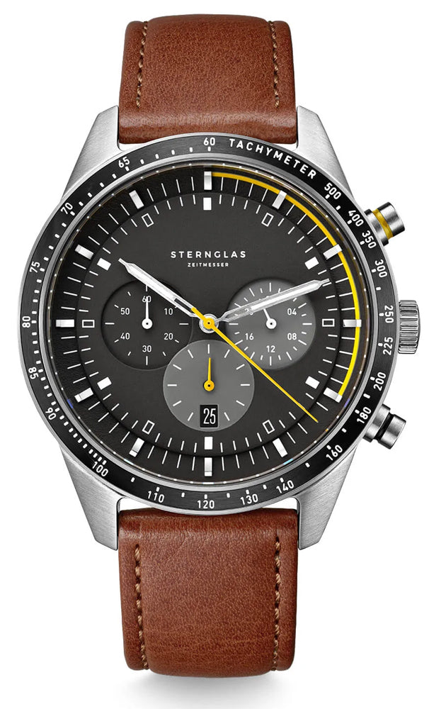 Sternglas Tachymeter 42mm Watch S01-TY03-MO11, Black Dial, Sapphire Crystal, Modena 20 Brown Leather Strap, 5 ATM Water Resistant