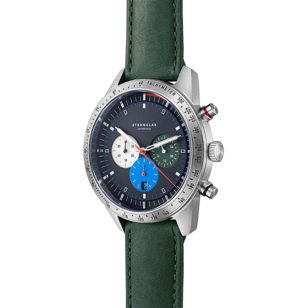 Sternglas Tachymeter 42mm Watch S01-TY06-MO17, Blue Dial, Sapphire Crystal, Modena 20 Green Leather Strap, 5 ATM Water Resistant