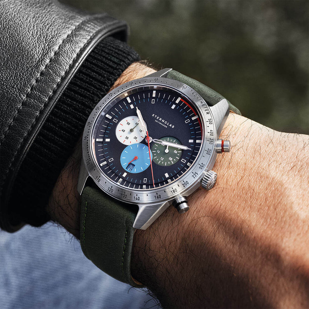 Sternglas Tachymeter 42mm Watch S01-TY06-MO17, Blue Dial, Sapphire Crystal, Modena 20 Green Leather Strap, 5 ATM Water Resistant