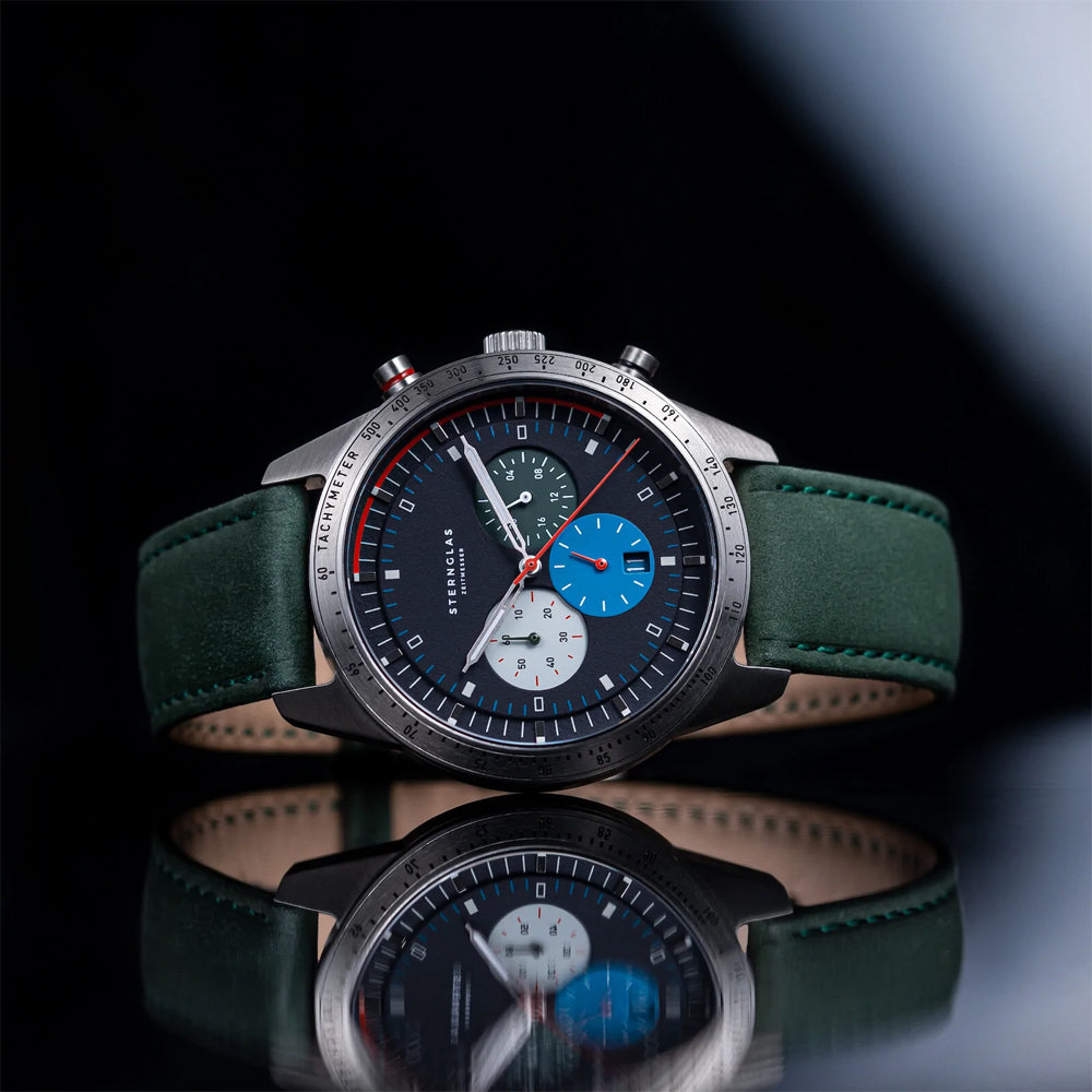 Sternglas Tachymeter 42mm Watch S01-TY06-MO17, Blue Dial, Sapphire Crystal, Modena 20 Green Leather Strap, 5 ATM Water Resistant