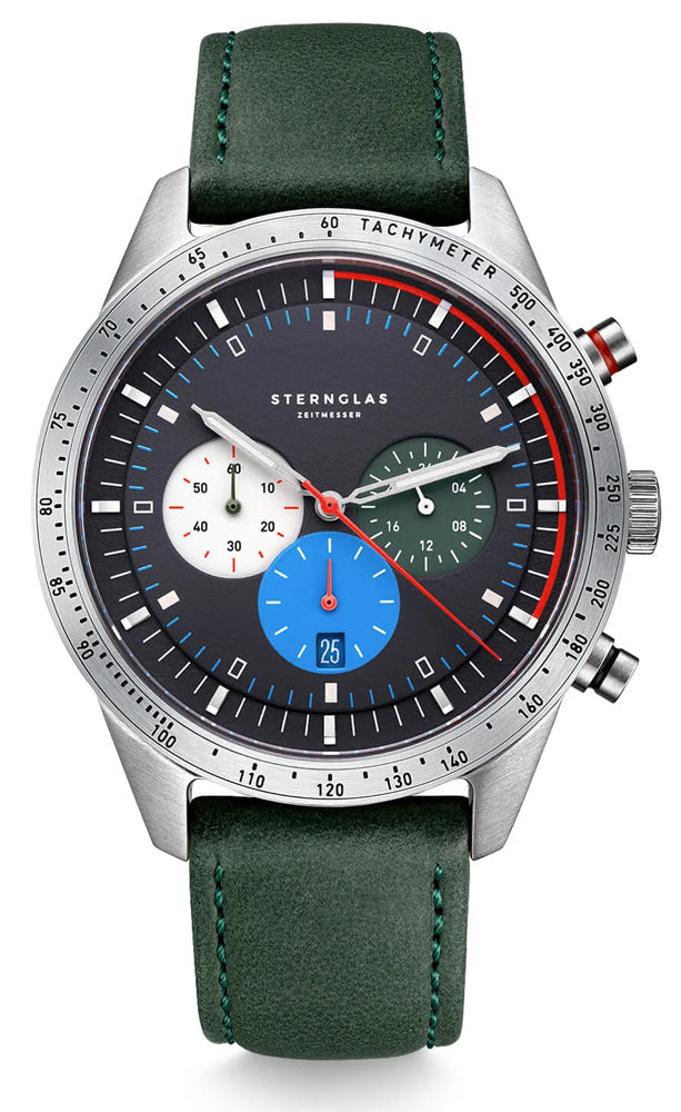 Sternglas Tachymeter 42mm Watch S01-TY06-MO17, Blue Dial, Sapphire Crystal, Modena 20 Green Leather Strap, 5 ATM Water Resistant
