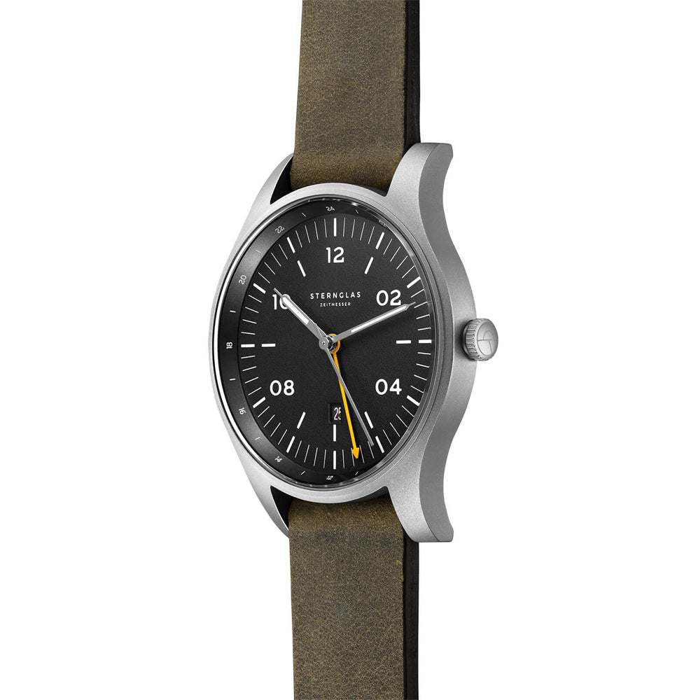 Sternglas Taiga GMT 42mm Watch S01-TA11-VI18, Anthracite Silver Dial, Sapphire Crystal, Vintage NATO Green Leather Strap, 10 ATM Water Resistant