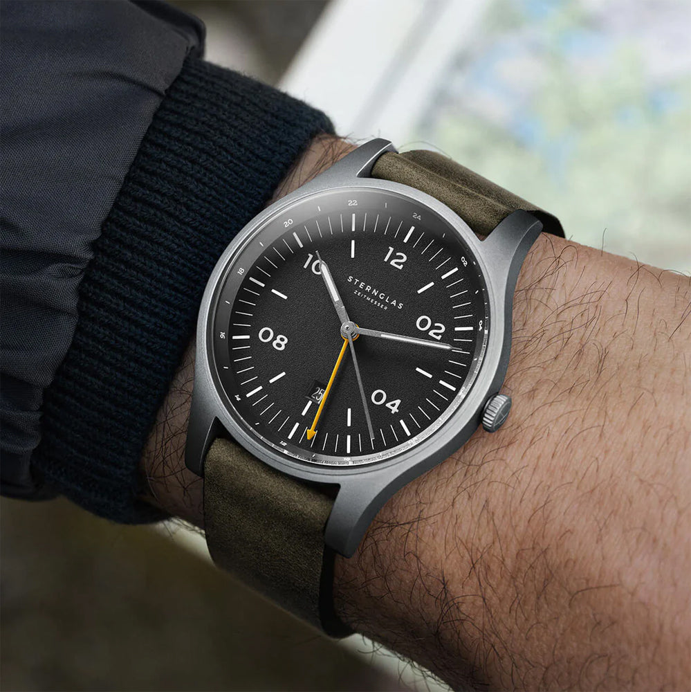 Sternglas Taiga GMT 42mm Watch S01-TA11-VI18, Anthracite Silver Dial, Sapphire Crystal, Vintage NATO Green Leather Strap, 10 ATM Water Resistant