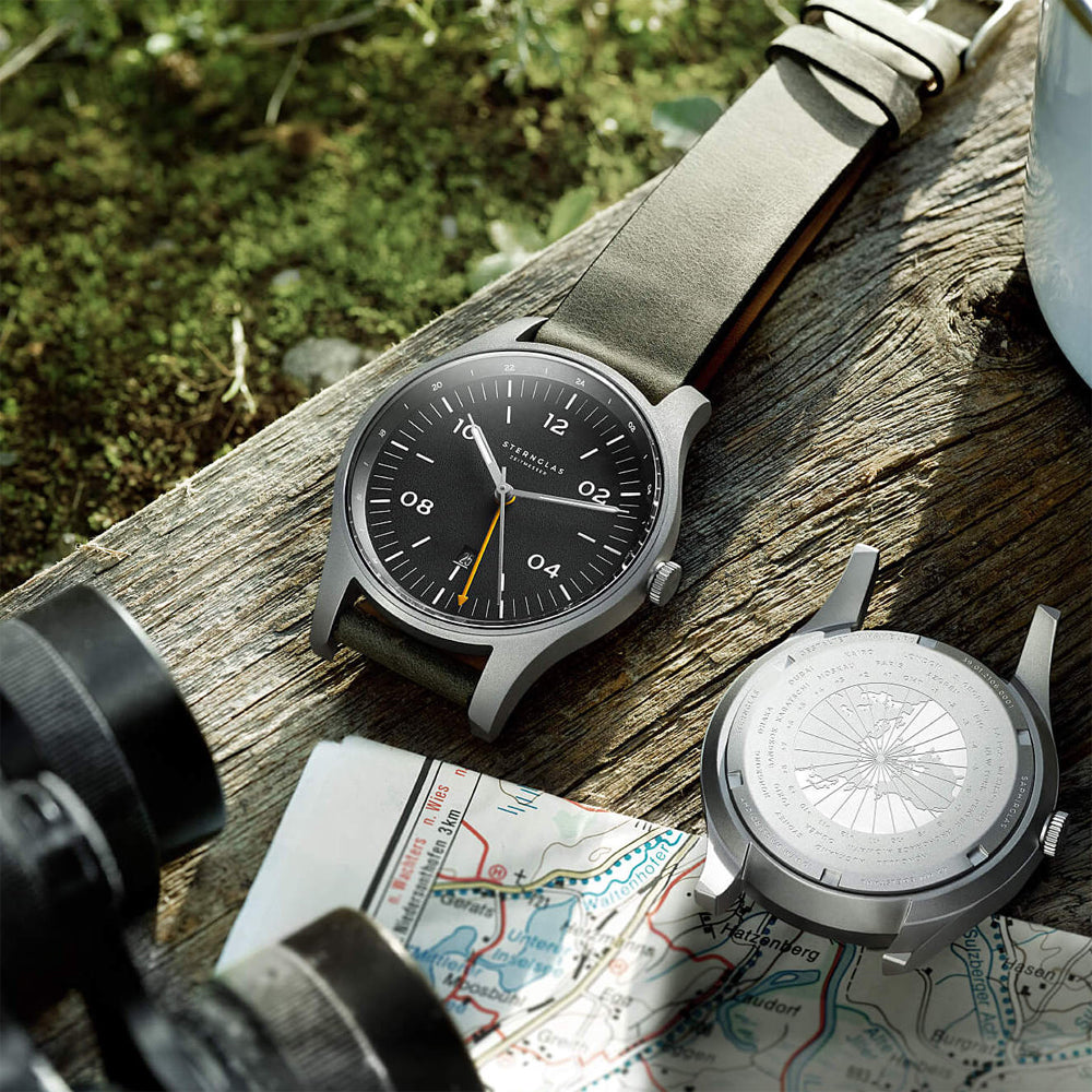 Sternglas Taiga GMT 42mm Watch S01-TA11-VI18, Anthracite Silver Dial, Sapphire Crystal, Vintage NATO Green Leather Strap, 10 ATM Water Resistant