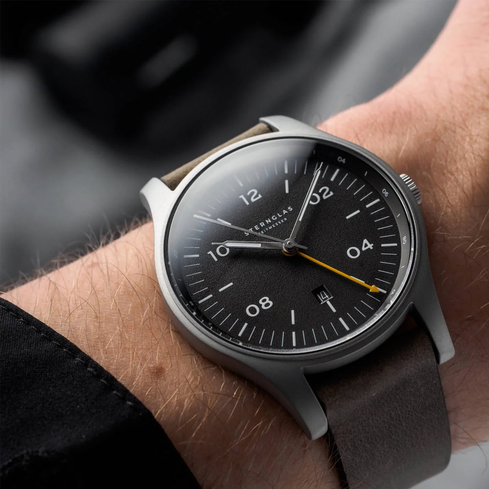 Sternglas Taiga GMT 42mm Watch S01-TA11-VI18, Anthracite Silver Dial, Sapphire Crystal, Vintage NATO Green Leather Strap, 10 ATM Water Resistant