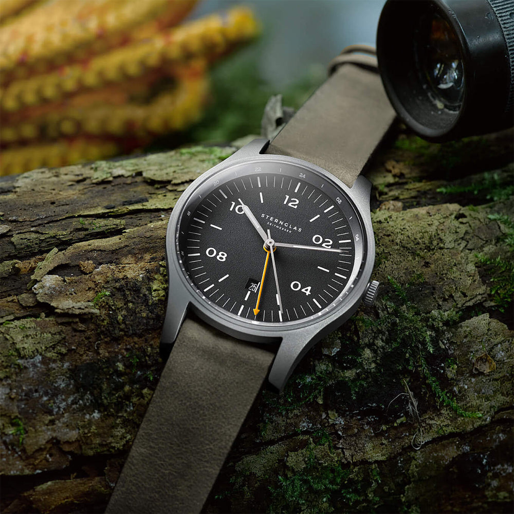 Sternglas Taiga GMT 42mm Watch S01-TA11-VI18, Anthracite Silver Dial, Sapphire Crystal, Vintage NATO Green Leather Strap, 10 ATM Water Resistant