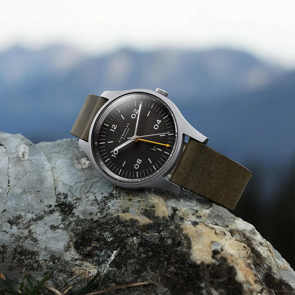 Sternglas Taiga GMT 42mm Watch S01-TA11-VI18, Anthracite Silver Dial, Sapphire Crystal, Vintage NATO Green Leather Strap, 10 ATM Water Resistant