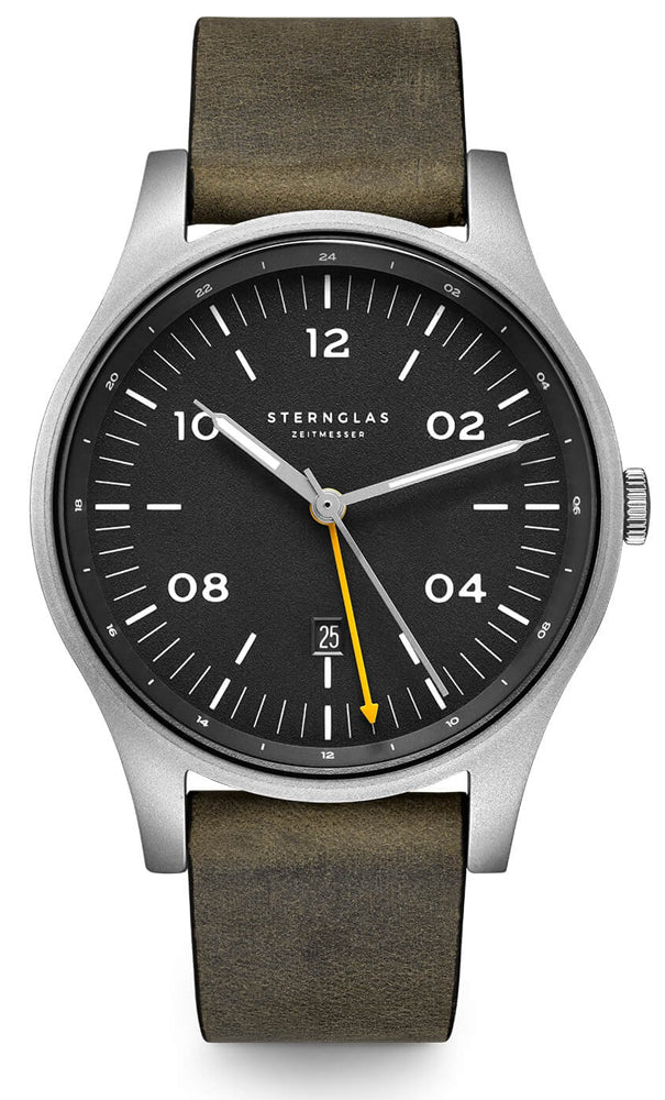 Sternglas Taiga GMT 42mm Watch S01-TA11-VI18, Anthracite Silver Dial, Sapphire Crystal, Vintage NATO Green Leather Strap, 10 ATM Water Resistant