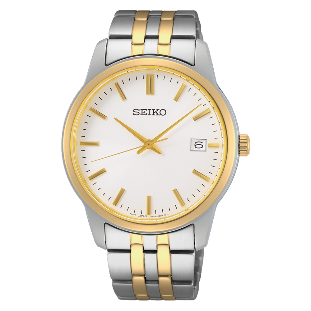 Seiko Essentials SUR402P1 – 40mm Quartz Watch, Two-Tone Stainless Steel Bracelet, Gold-Tone Bezel, Hardlex Crystal, Elegant White Dial