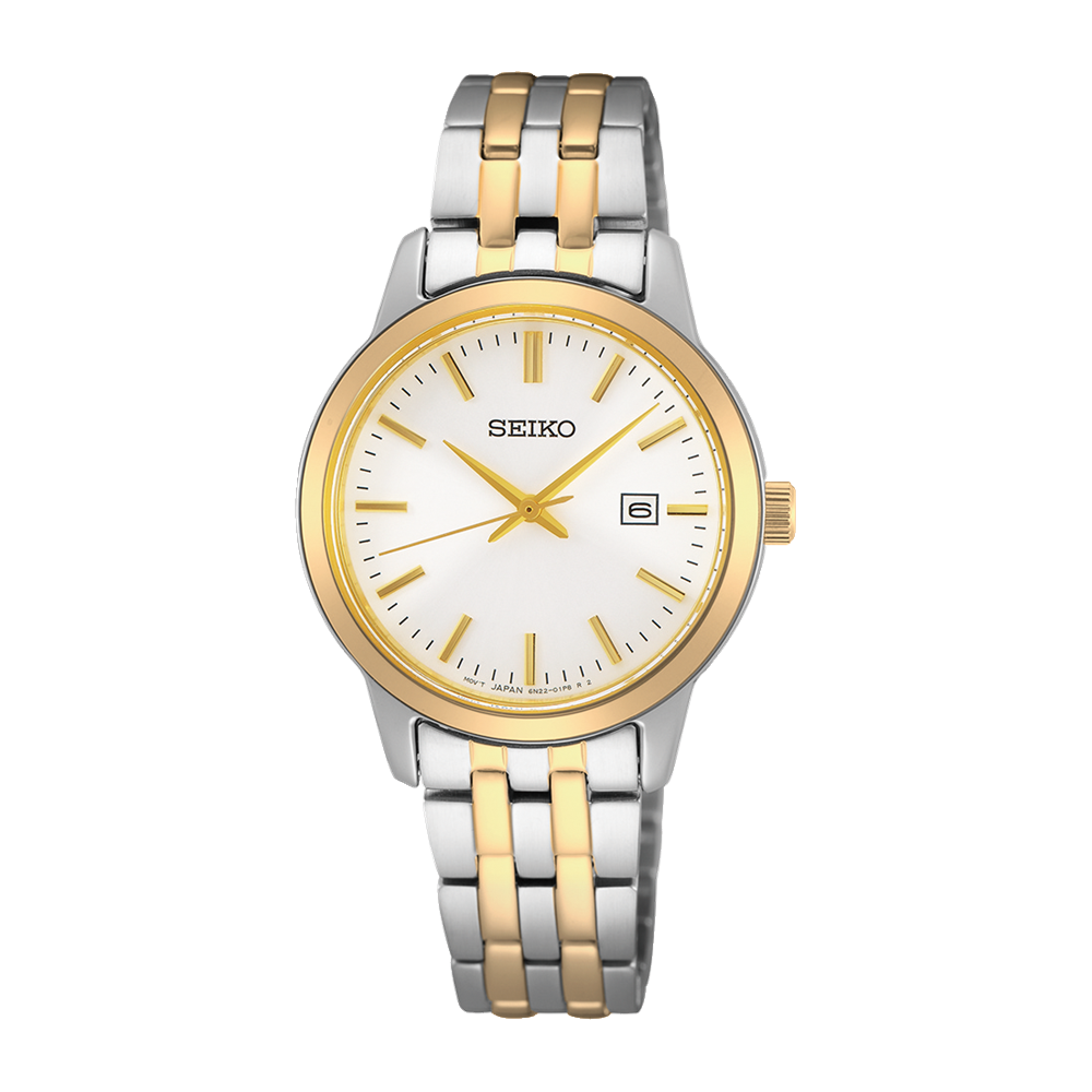Seiko Classic SUR410P1 – 30mm Ladies Quartz Watch, Two-Tone Stainless Steel Bracelet, Gold-Tone Bezel, Mineral Crystal, Elegant White Dial