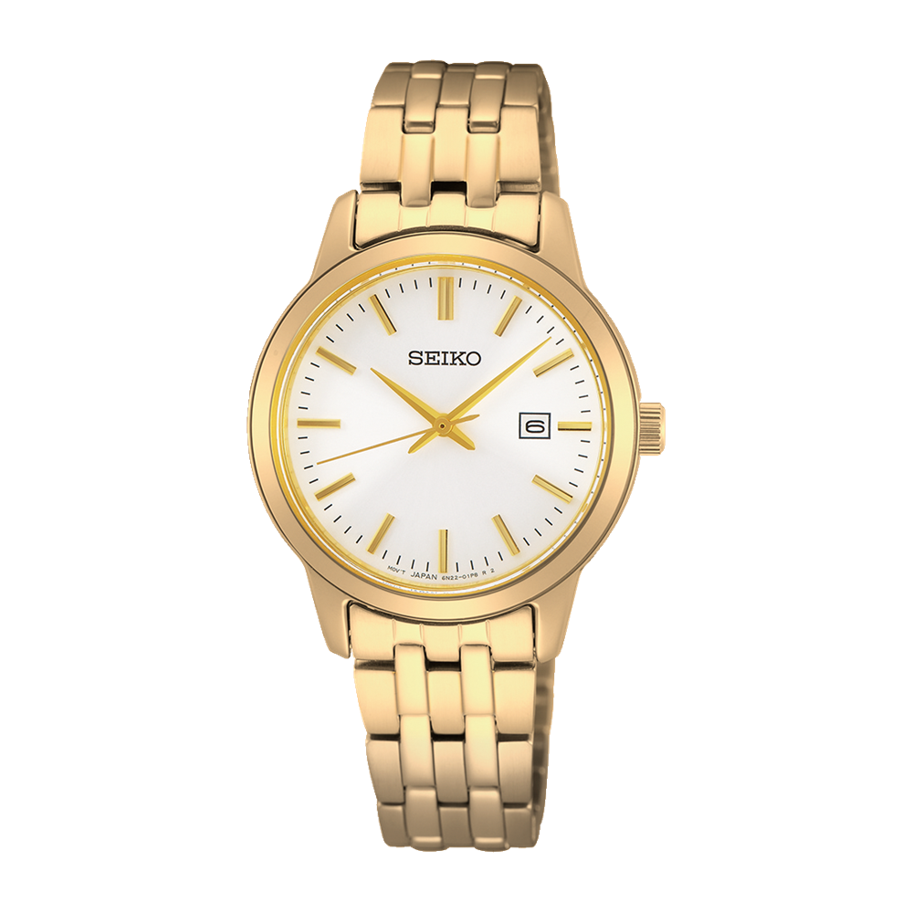Seiko Classic SUR412P1 – 30mm Ladies Quartz Watch, Yellow Gold-Tone Stainless Steel, White Dial, Mineral Crystal, 50M Water Resistance