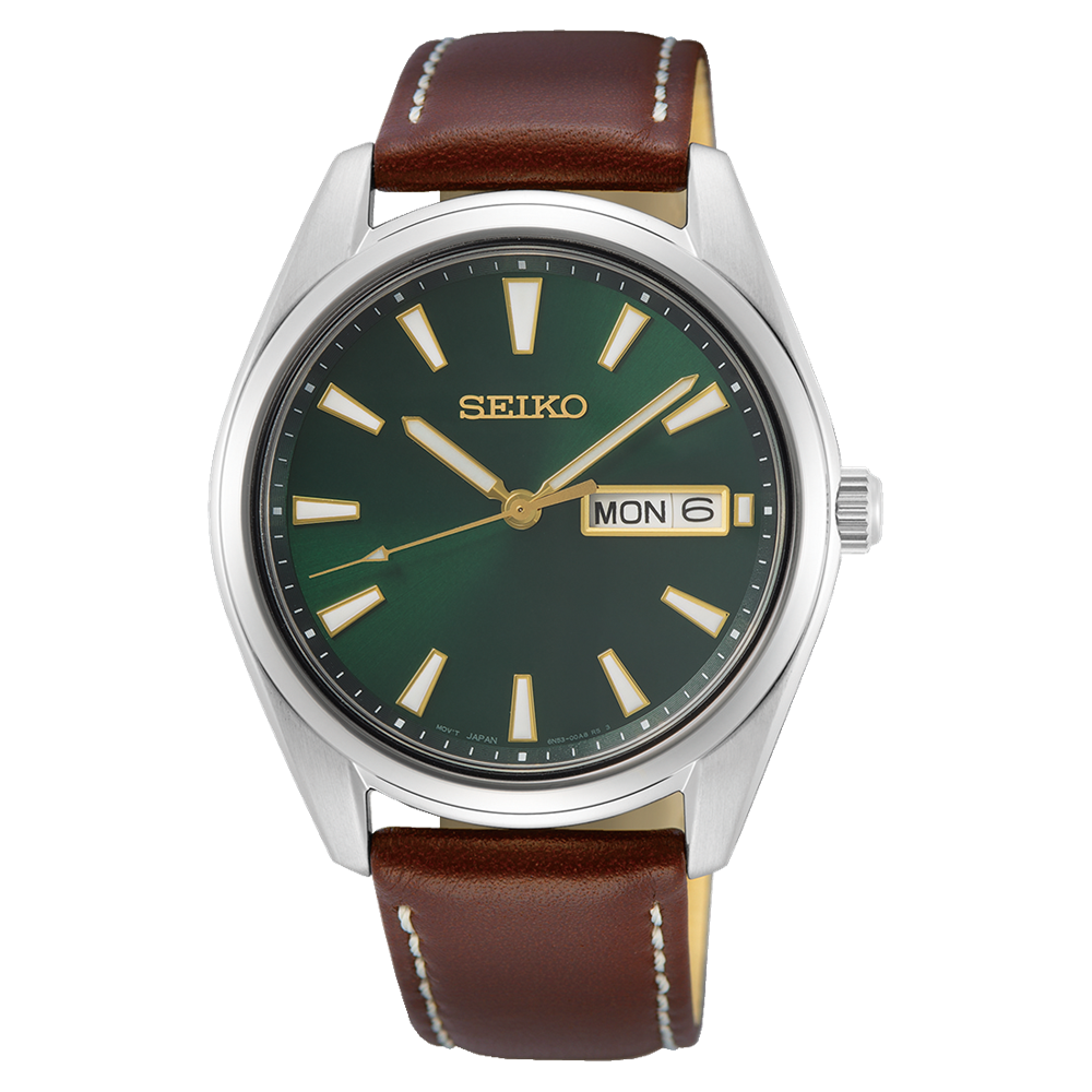 Seiko Neo Classic SUR449P1 – 40mm Quartz Watch, Green Dial, Brown Leather Strap, Sapphire Crystal, Day-Date, 10 Bar Water Resistance