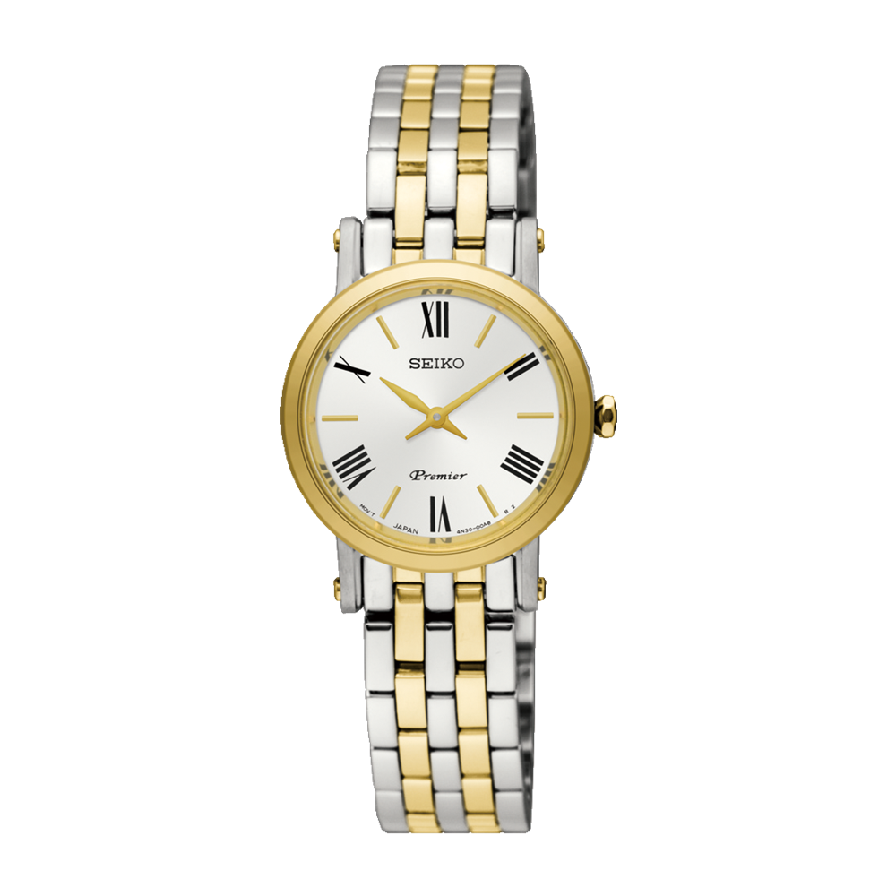 Seiko Premier Two-Tone Ladies' Watch SWR026P1 – Japanese Made 24.5mm Quartz Watch, Stainless Steel, Sapphire Crystal, Roman Numerals, 30M Water Resistance