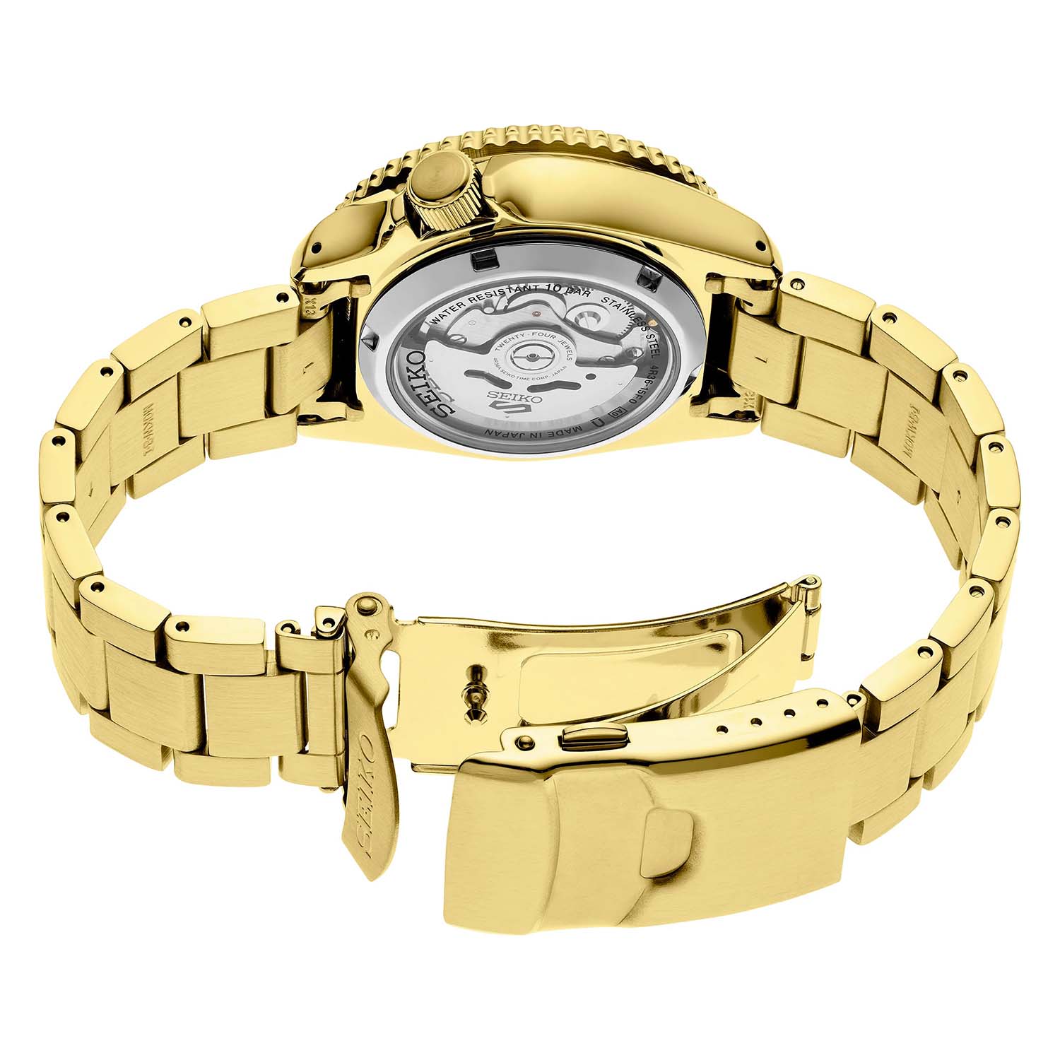 Seiko 5 Sports SRPK18 – Japanese Made 42mm Automatic Watch, Black Dial, Gold-Tone Stainless Steel Bracelet, Hardlex Crystal, 10 Bar Water Resistance