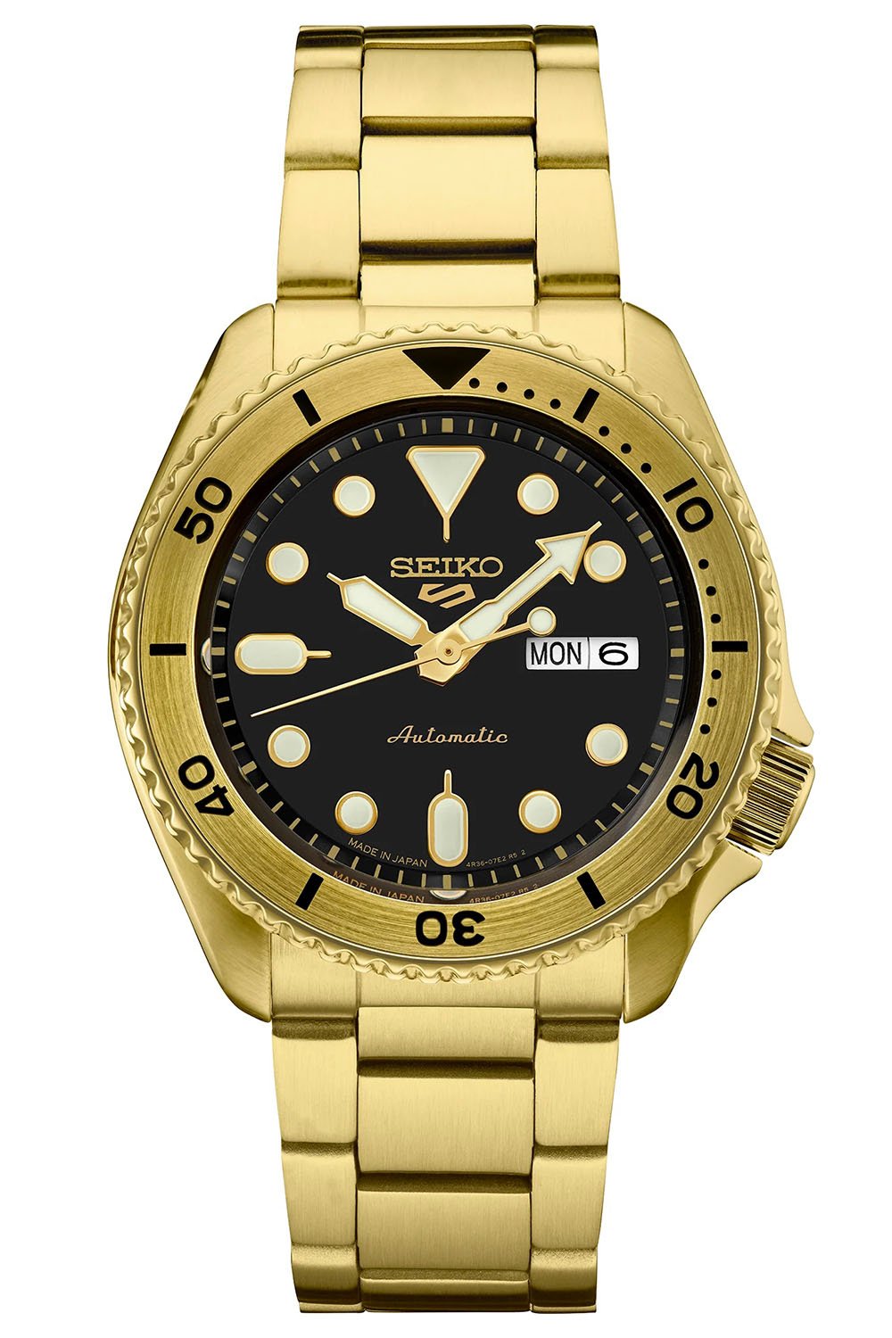 Seiko 5 Sports SRPK18 – Japanese Made 42mm Automatic Watch, Black Dial, Gold-Tone Stainless Steel Bracelet, Hardlex Crystal, 10 Bar Water Resistance
