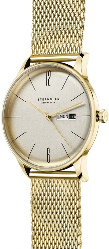 Sternglas BERLIN 38mm Quartz Watch S01-BE14-MI08, Sepia Gold Dial, Sapphire Crystal, Milanaise Gold Mesh Strap, 5 ATM Water Resistant