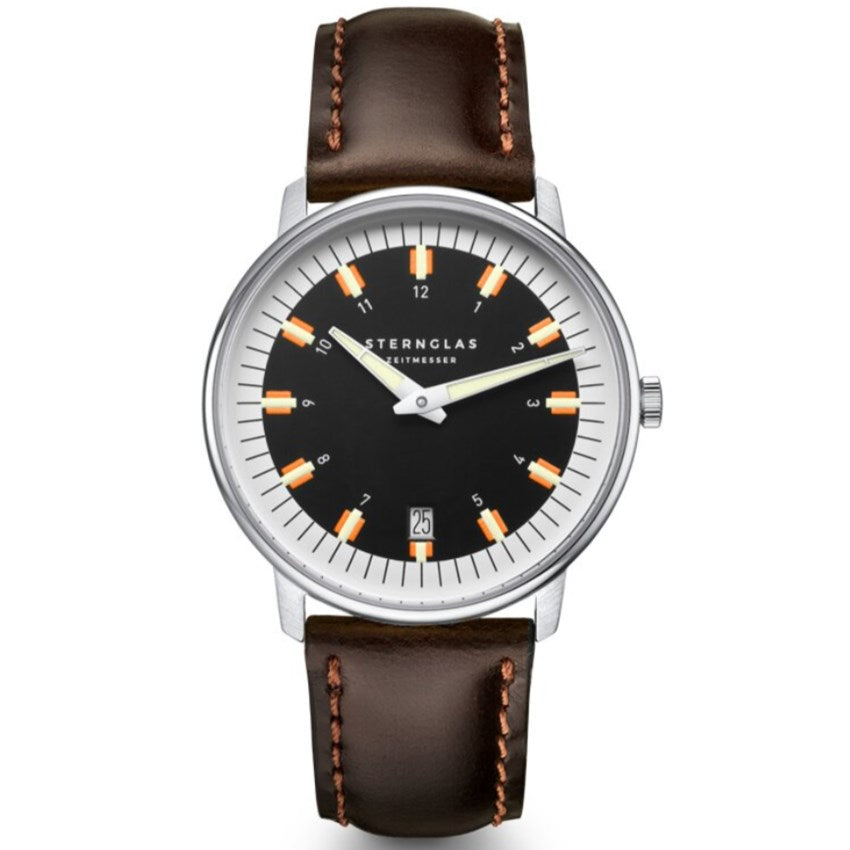 Sternglas EGOR 38mm Quartz Watch S01-EG03-BR03, Black Dial, Sapphire Crystal, Dark Brown Bridle Leather Strap, 5 ATM Water Resistant