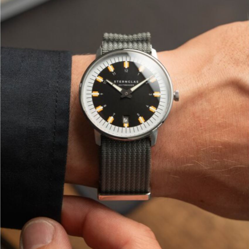 Sternglas EGOR 38mm Quartz Watch S01-EG03-FI04, Black Dial, Sapphire Crystal, Grey Field Nylon Strap, 5 ATM Water Resistant