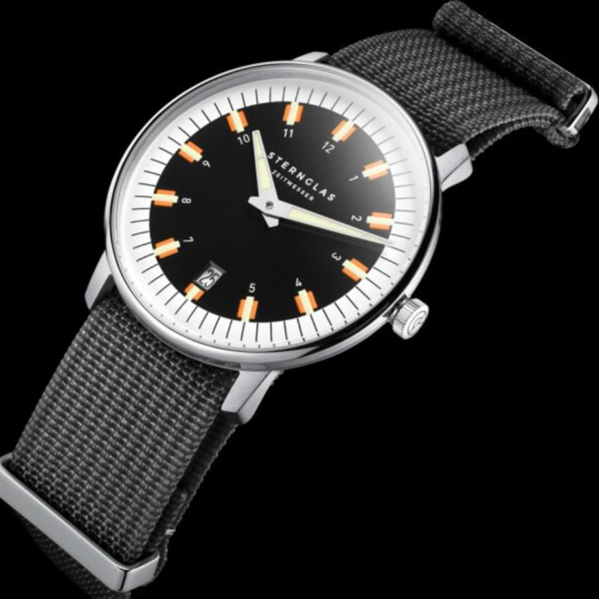 Sternglas EGOR 38mm Quartz Watch S01-EG03-FI04, Black Dial, Sapphire Crystal, Grey Field Nylon Strap, 5 ATM Water Resistant