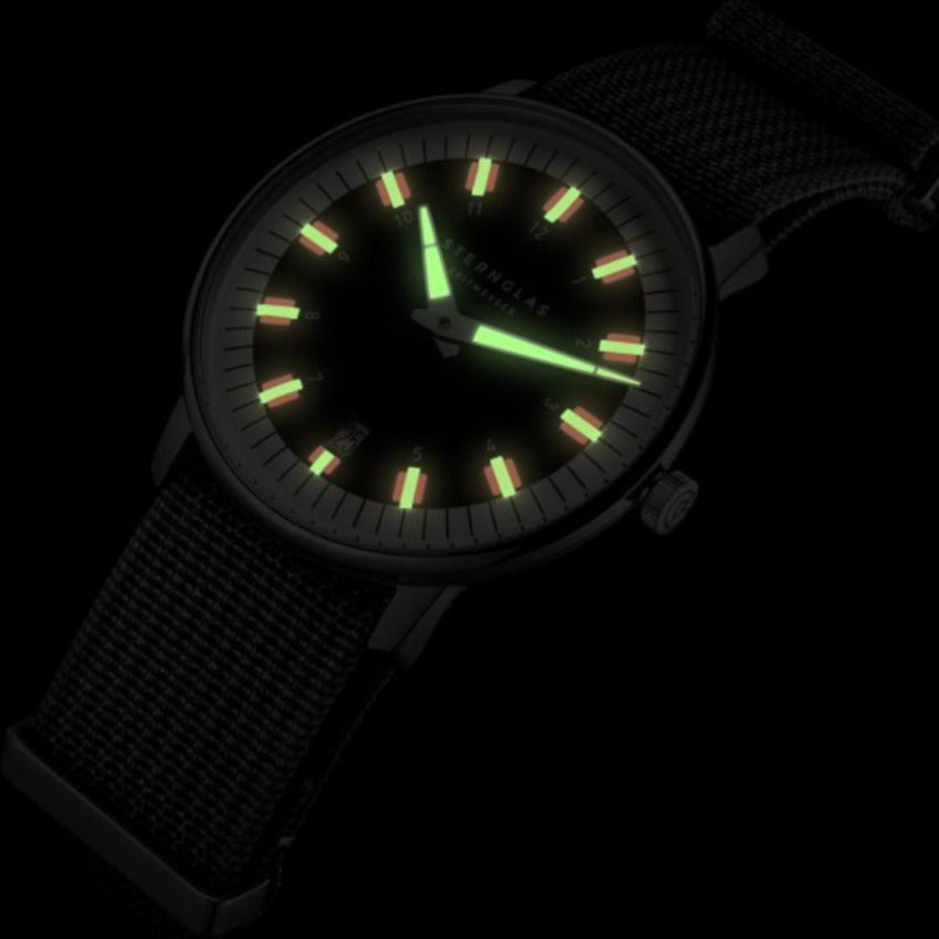 Sternglas EGOR 38mm Quartz Watch S01-EG03-FI04, Black Dial, Sapphire Crystal, Grey Field Nylon Strap, 5 ATM Water Resistant
