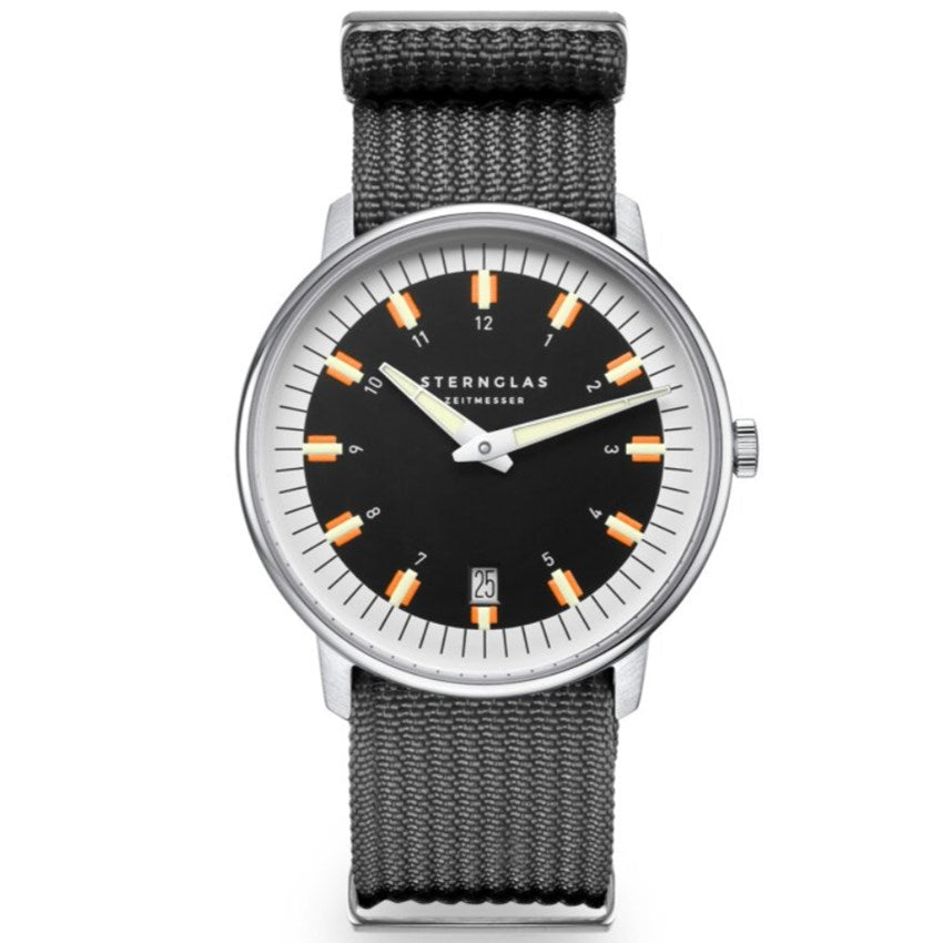 Sternglas EGOR 38mm Quartz Watch S01-EG03-FI04, Black Dial, Sapphire Crystal, Grey Field Nylon Strap, 5 ATM Water Resistant