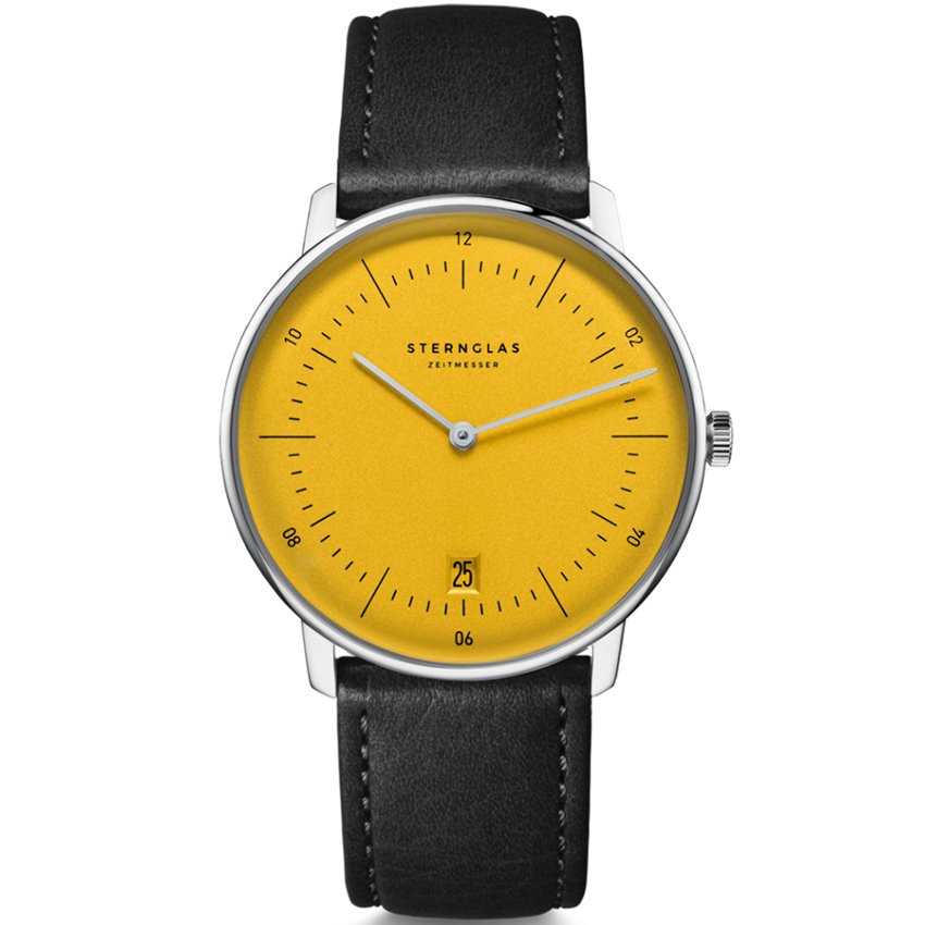Sternglas NAOS Edition Yellow 38mm Quartz Watch S01-NAY23-MO01, Yellow Dial, Sapphire Crystal, Modena Black Leather Strap, 5 ATM Water Resistant