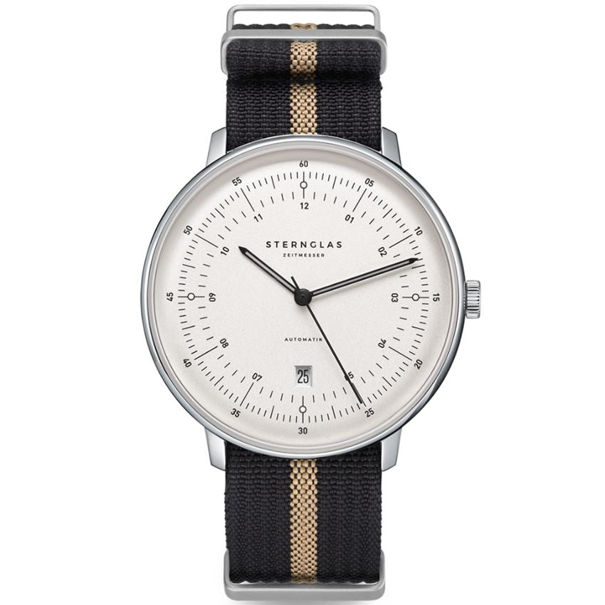 Sternglas Hamburg Automatic 42mm Watch S02-HH10-NA04, Satined-Silver Dial, Sapphire Crystal, Black-Beige Nylon Strap, 5 ATM Water Resistant