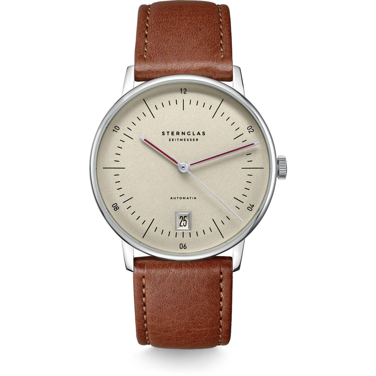Sternglas NAOS AUTOMATIK Pro Oxford 38mm Automatic Watch S02-NAO26-MO02, Silver-Cream Dial, Sapphire Crystal, Modena Brown Leather Strap, 5 ATM Water Resistant