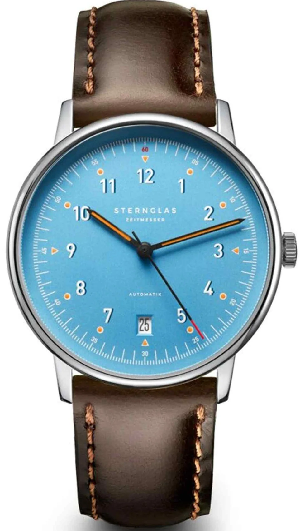 Sternglas LUMATIK 38mm Automatic Watch S02-LM17-BR03, Light Blue Dial, Sapphire Crystal, Bridle Brown Leather Strap, 5 ATM Water Resistant