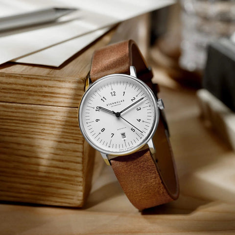 Sternglas SELECTA 38mm Automatic Watch S02-SE01-VI14, White Dial, Sapphire Crystal, Vintage Mahogany Leather Strap, 5 ATM Water Resistant