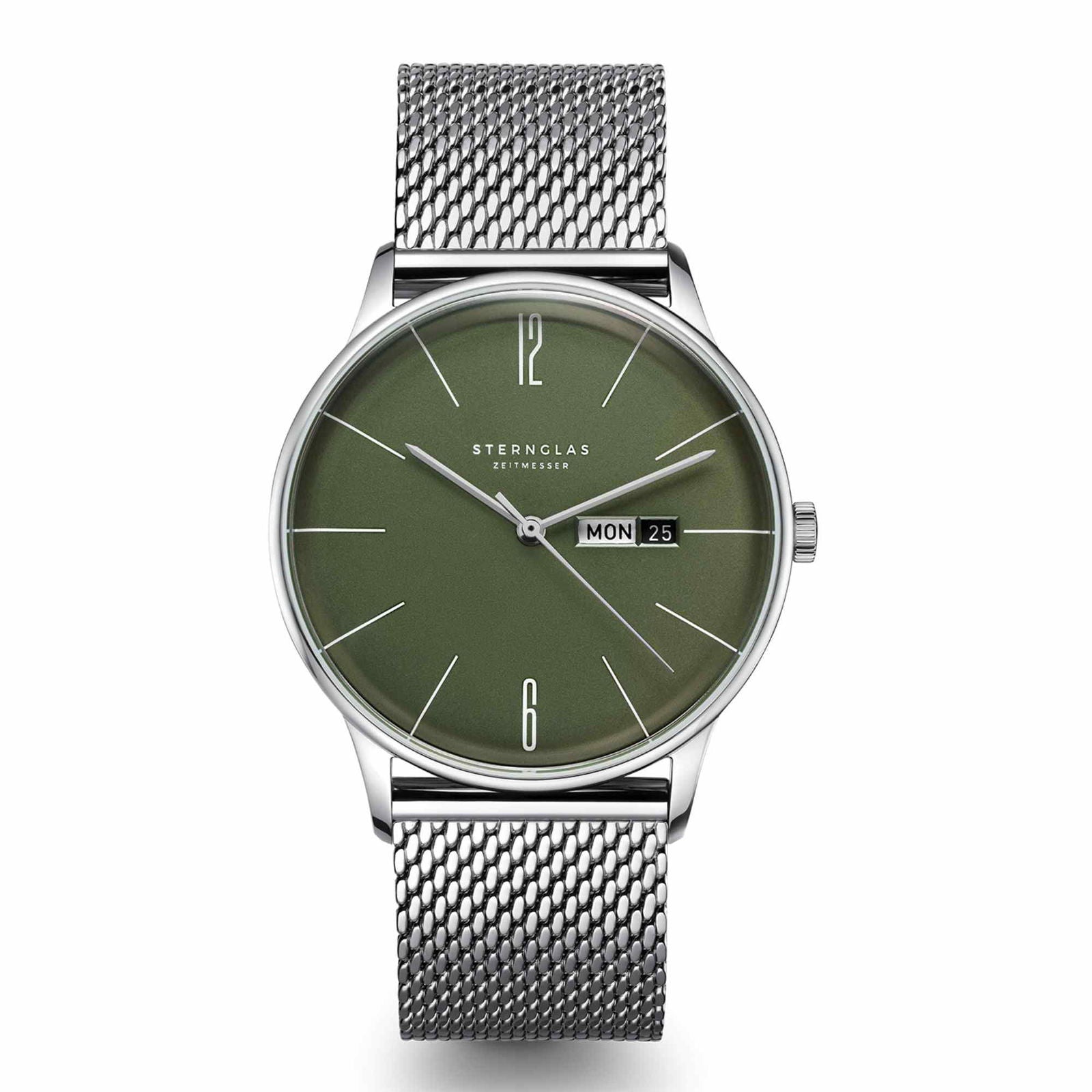 Sternglas BERLIN 38mm Watch S01-BE08-MI04, Green Dial, Sapphire Crystal, Milanese Silver Mesh Strap, 5 ATM Water Resistant