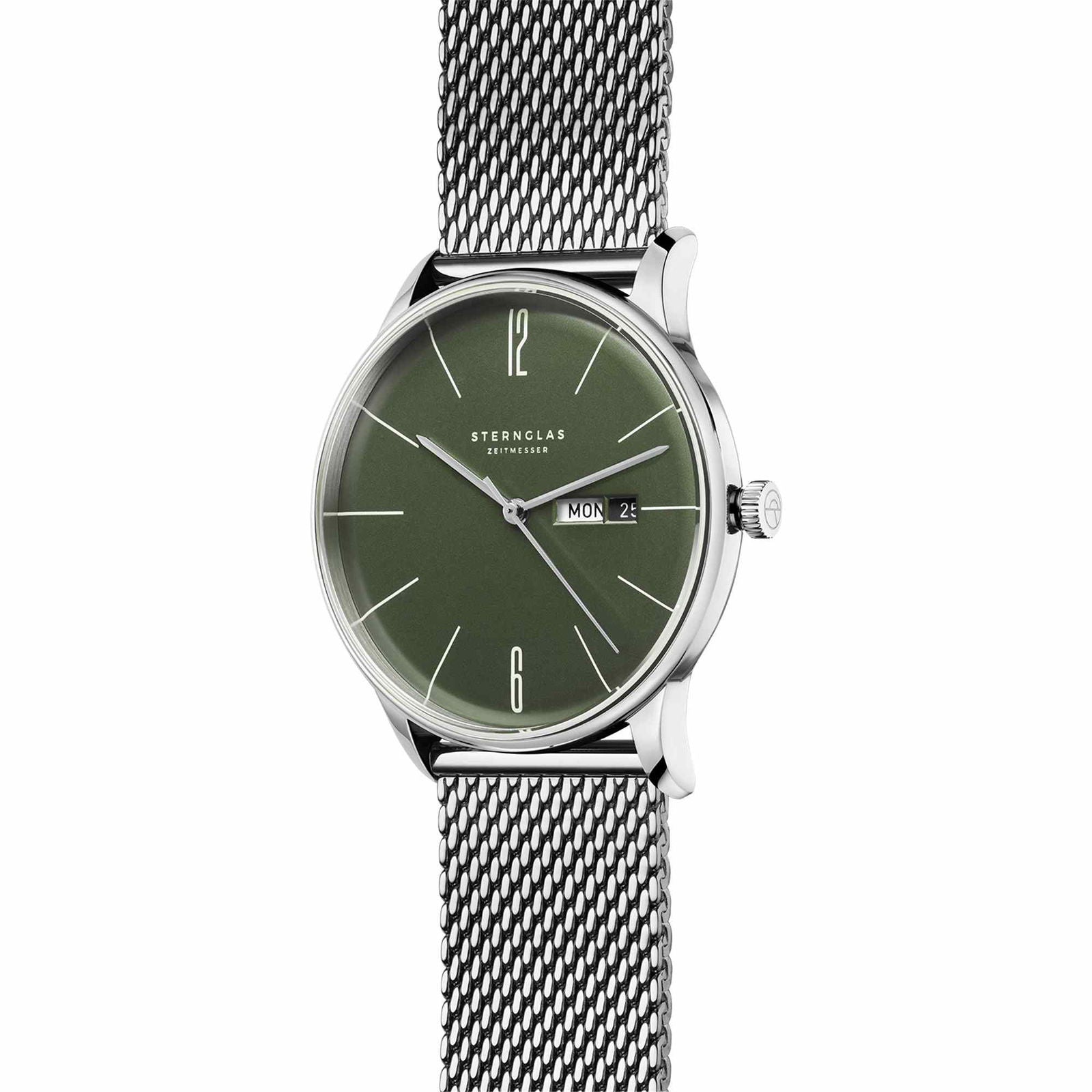 Sternglas BERLIN 38mm Watch S01-BE08-MI04, Green Dial, Sapphire Crystal, Milanese Silver Mesh Strap, 5 ATM Water Resistant