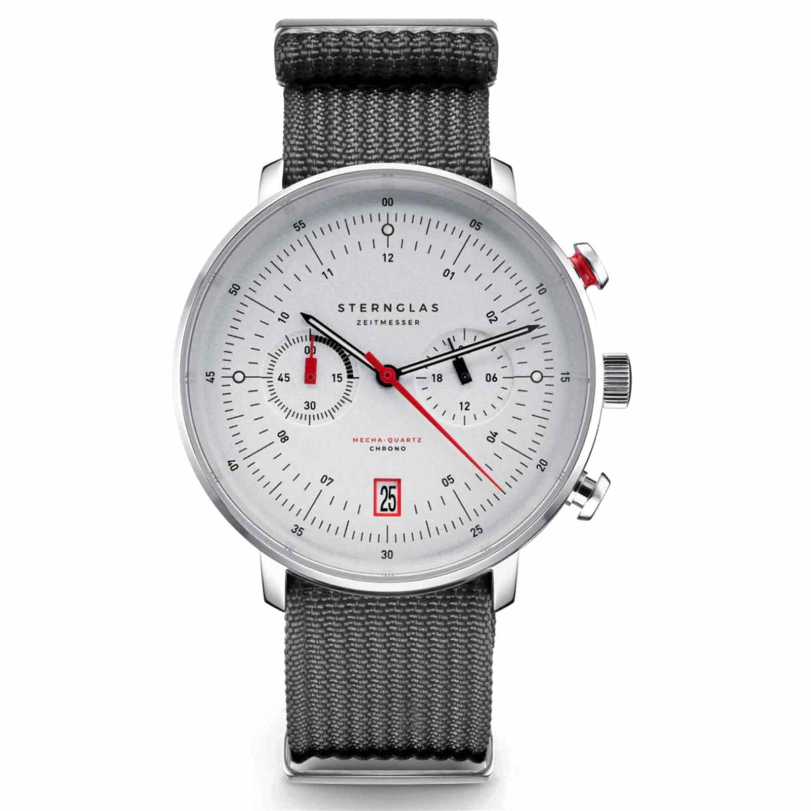 Sternglas HAMBURG Chrono 42mm Watch S01-HC10-FI04, Silver-Satined Dial, Sapphire Crystal, Field Stone Grey Nylon Strap, 5 ATM Water Resistant
