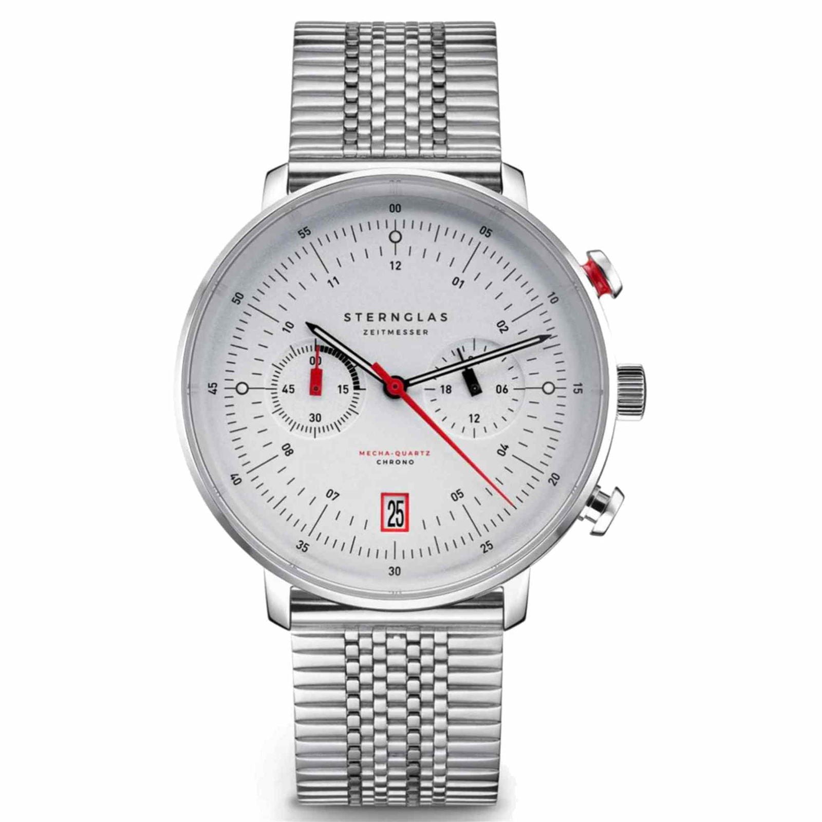 Sternglas HAMBURG Chrono 42mm Watch S01-HC10-ME08, Silver-Satined Dial, Sapphire Crystal, SuperSlim Stainless Steel Bracelet, 5 ATM Water Resistant