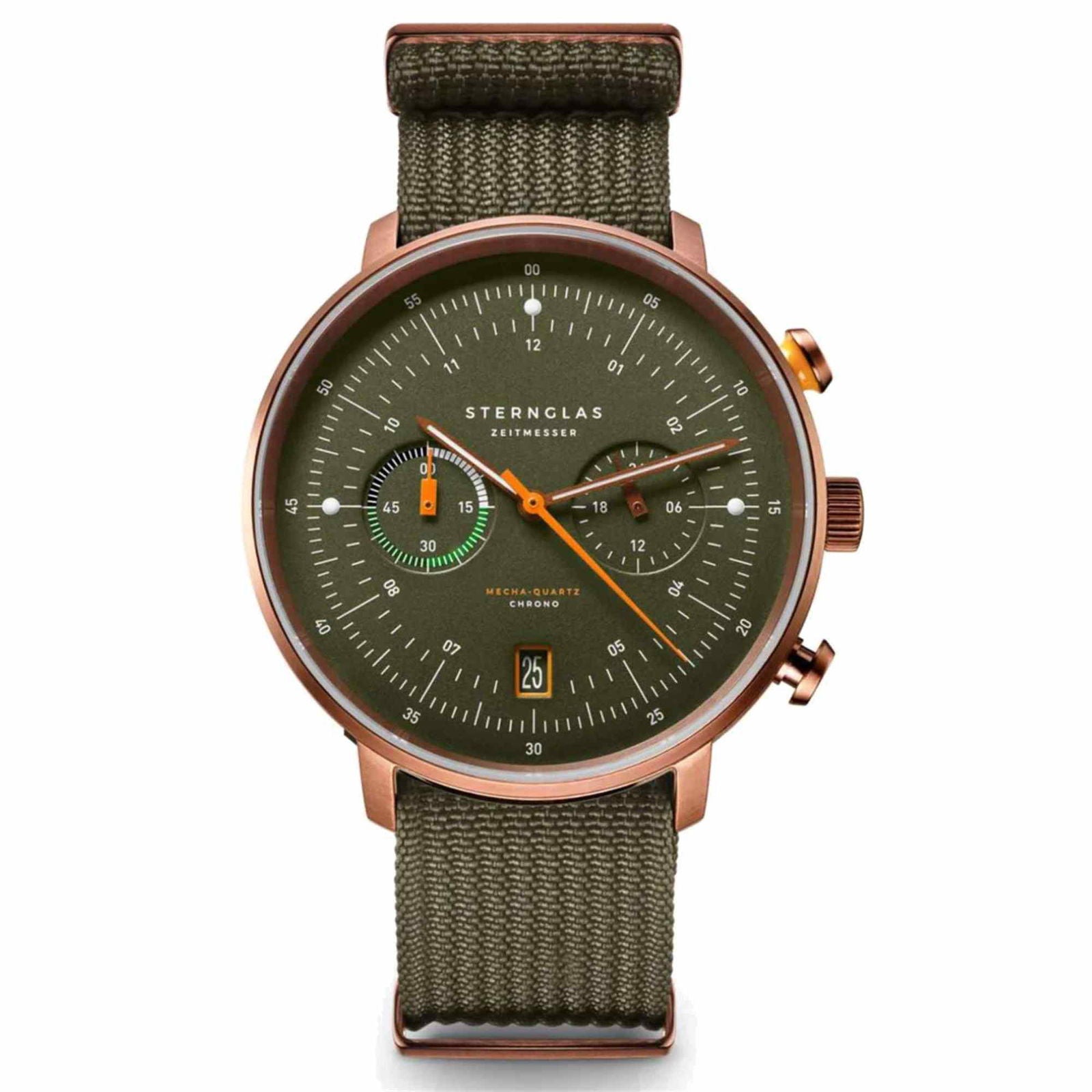 Sternglas Hamburg Chrono Dark Green Bronze 42mm Watch S01-HC35-FI05, Green Dial, Sapphire Crystal, Field Forest Green Nylon Strap, 5 ATM Water Resistant