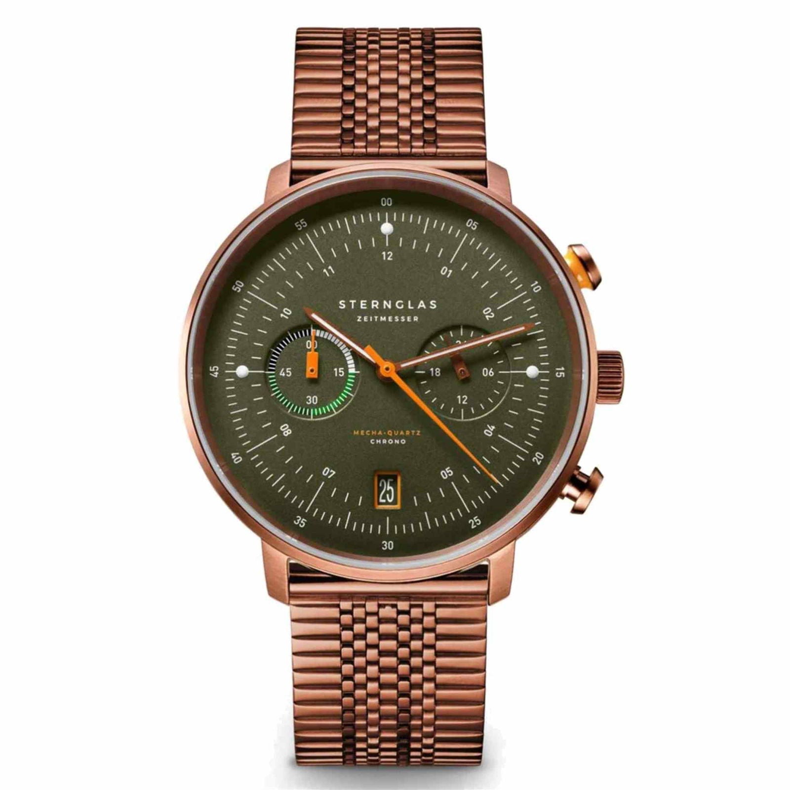 Sternglas Hamburg Chrono Dark Green Bronze 42mm Watch S01-HC35-ME10, Green Dial, Sapphire Crystal, SuperSlim Bronze Metal Strap, 5 ATM Water Resistant