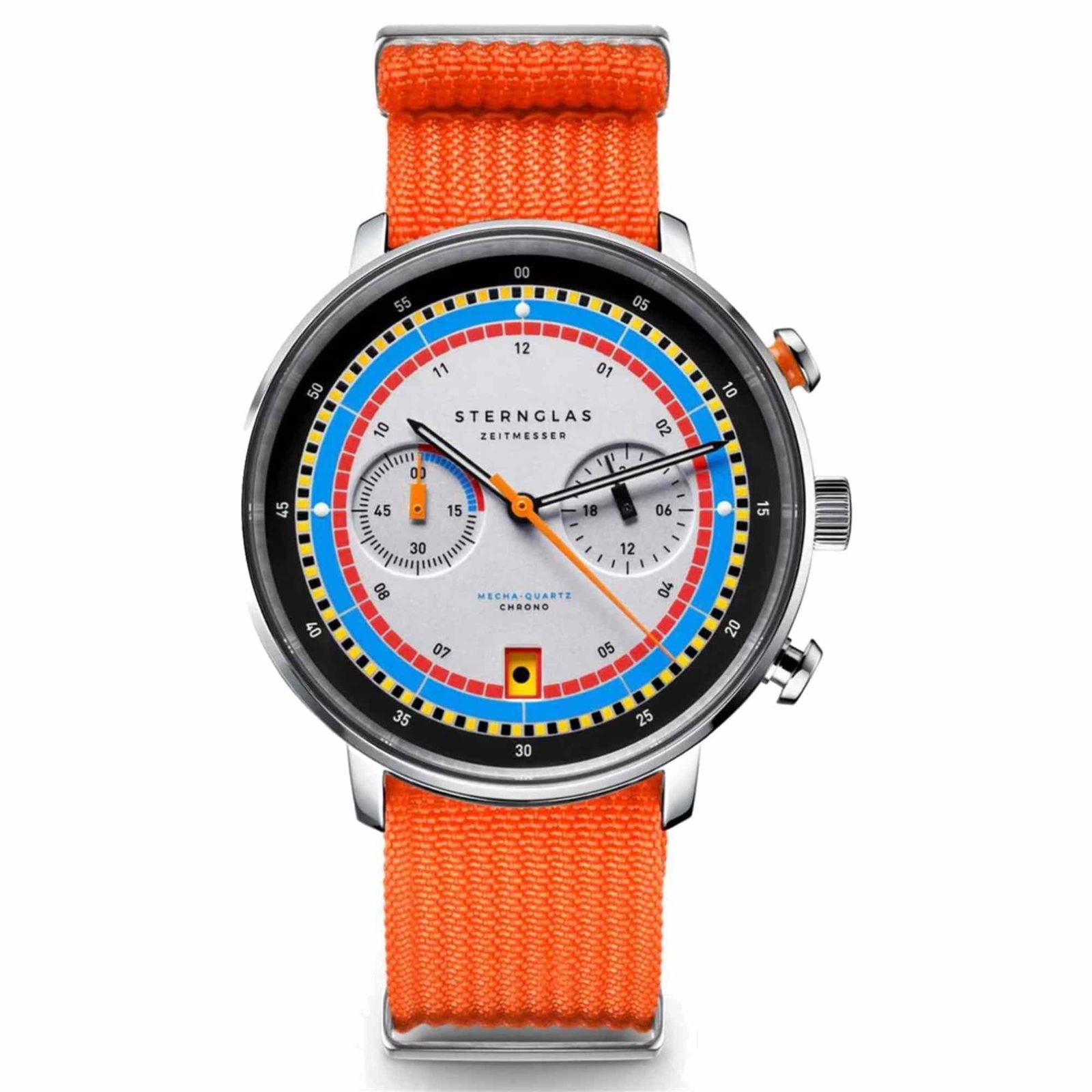 Sternglas Hamburg Chrono Regatta 42mm Watch S01-HC36-FI02, Silver Dial, Sapphire Crystal, Field Signal Orange Nylon Strap, 5 ATM Water Resistant