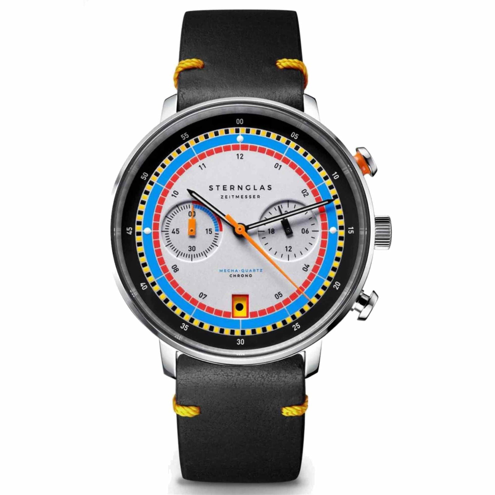 Sternglas Hamburg Chrono Regatta 42mm Watch S01-HC36-VI22, Silver Dial, Sapphire Crystal, Vintage Black-Yellow Leather Strap, 5 ATM Water Resistant