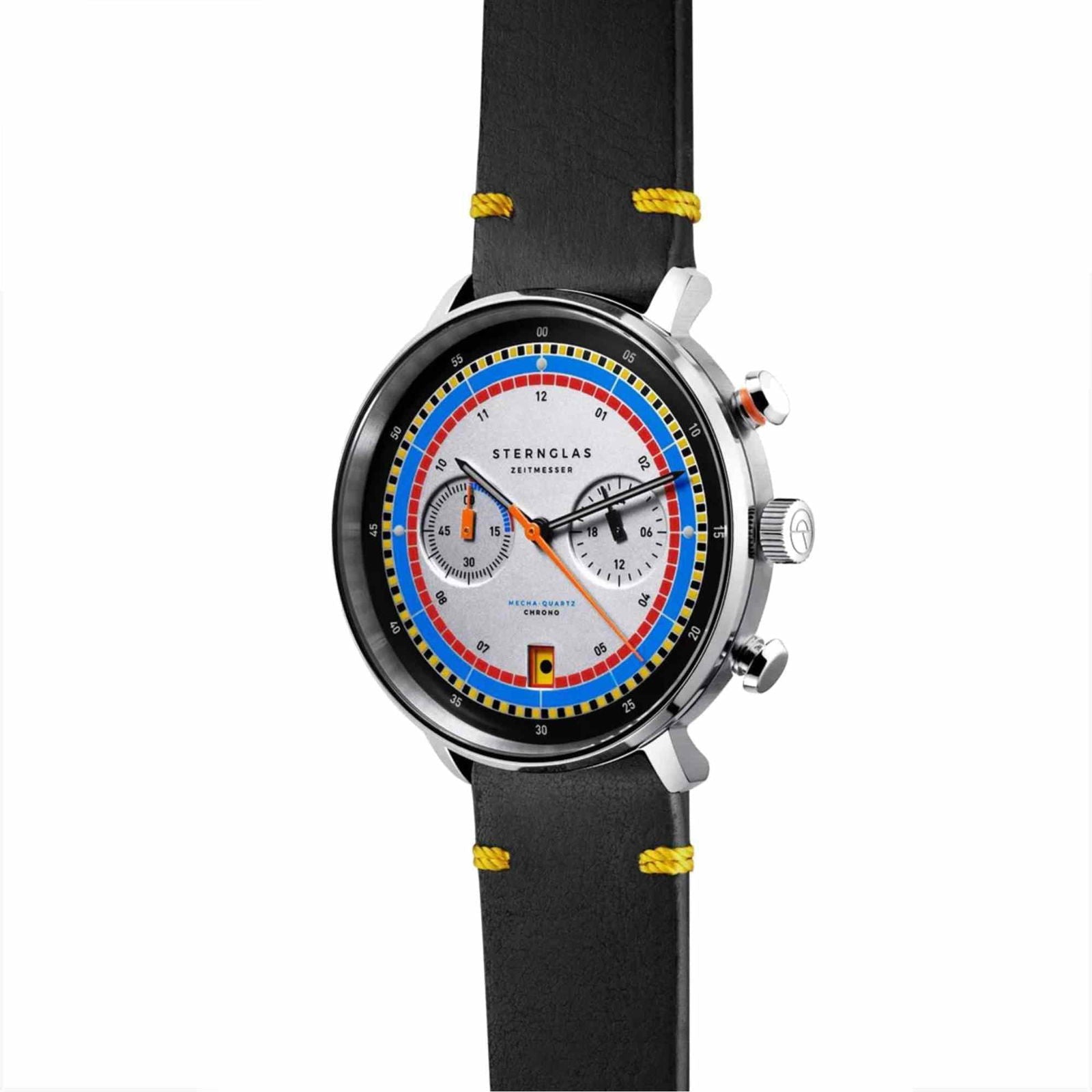 Sternglas Hamburg Chrono Regatta 42mm Watch S01-HC36-VI22, Silver Dial, Sapphire Crystal, Vintage Black-Yellow Leather Strap, 5 ATM Water Resistant