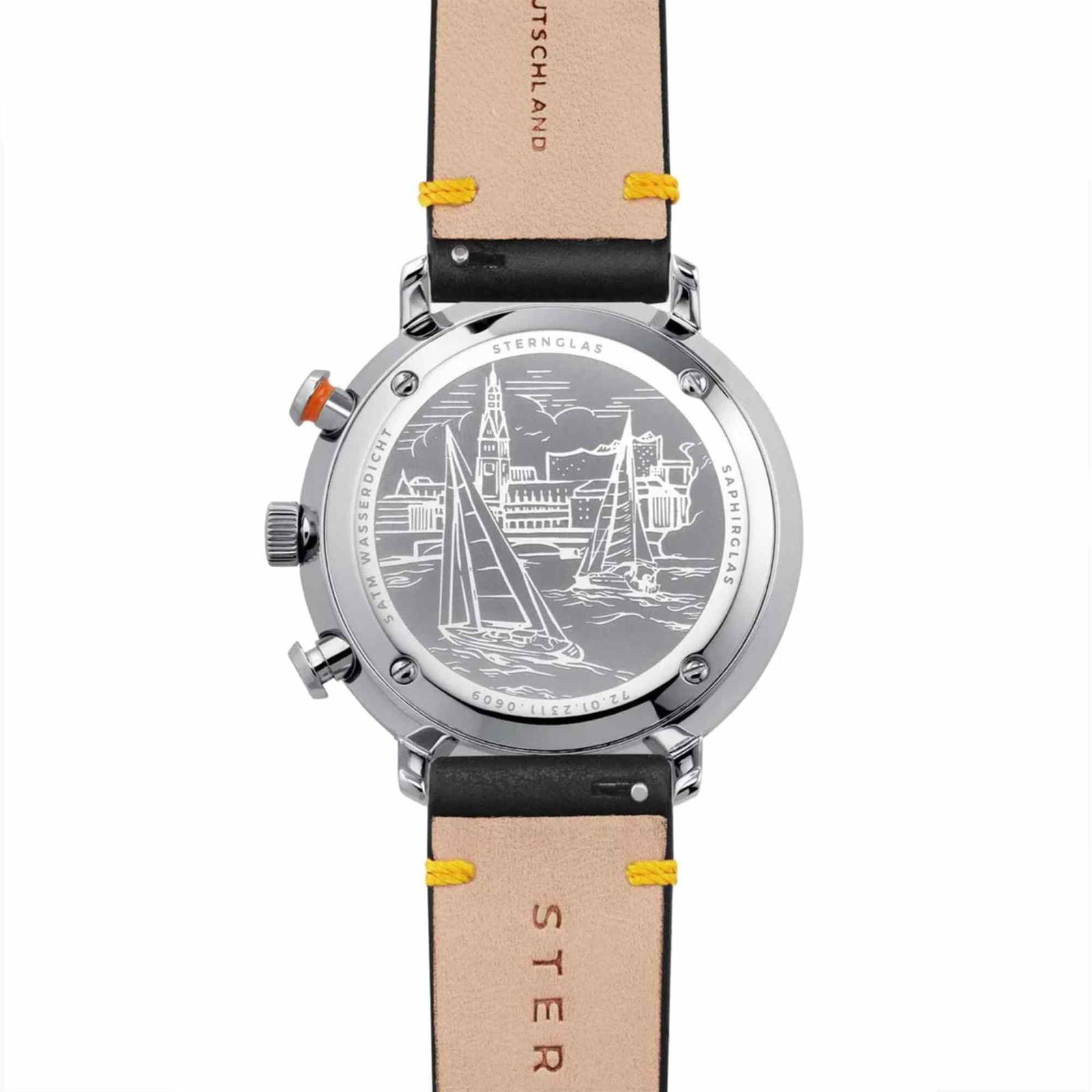 Sternglas Hamburg Chrono Regatta 42mm Watch S01-HC36-VI22, Silver Dial, Sapphire Crystal, Vintage Black-Yellow Leather Strap, 5 ATM Water Resistant