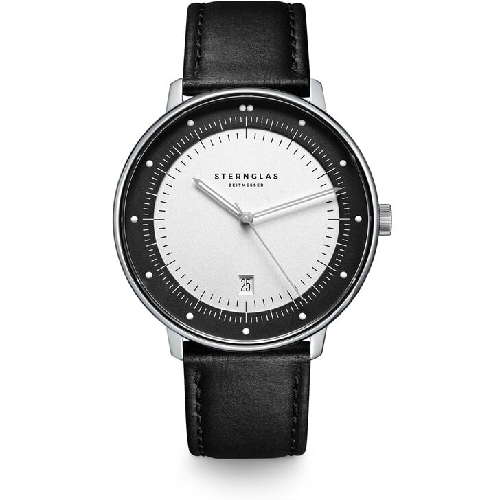 Sternglas HAMBURG EDITION BAUHAUS 42mm Quartz Watch S01-HHB10-EB02, Silver-Graphite Dial, Sapphire Crystal, Black Leather Strap, 5 ATM Water Resistant