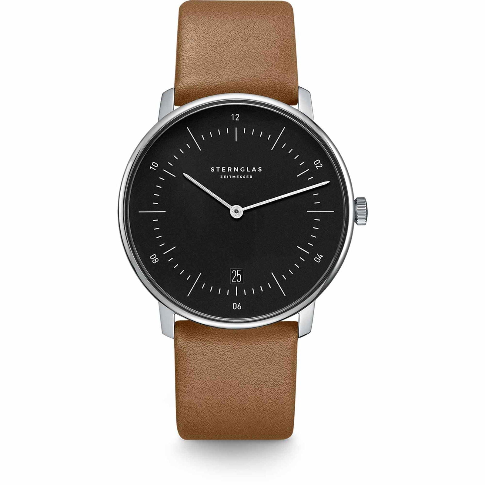 Sternglas Naos 38mm Quartz Watch S01-NA03-PR01, Black Silver Dial, Sapphire Crystal, Premium Brown Leather Strap, 5 ATM Water Resistant